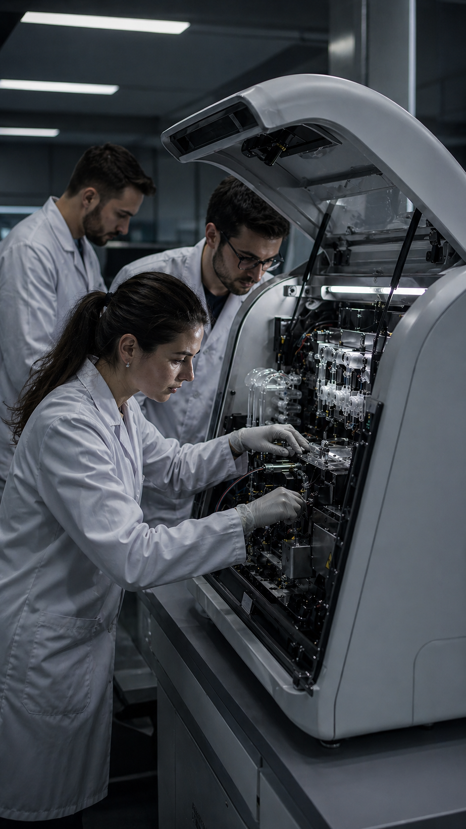 Medizintechnik-Anwendung mit geöffnetem Analysegerät und integrierten Baugruppen